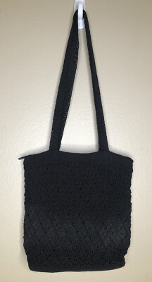 Woven Crochet Style Bag Purse w/Handle Black Zip Top Pocket Inside 10.5x10.5 in