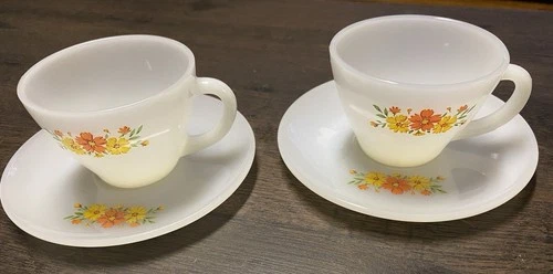 Two Vintage Anchor Hocking Fire King Yellow And Orange Cosmos Teacup & Saucers