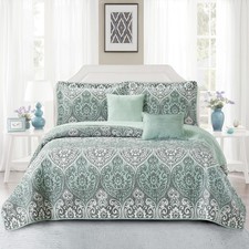 HST 5 Piece Kingston Damask Printed Microfiber Quilts Set Queen King Lightweight