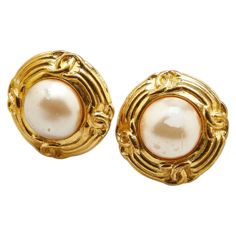 CHANEL Coco Mark Earrings Gold Plated Fake Pearl Vintage
