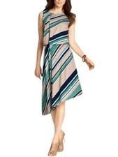 NWT Ann Taylor Tan Multi Stripe Jersey Asymmetric Fit Flare Midi Dress Size M