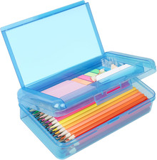 Plastic Pencil Box, Large Capacity Pencil Case, Pencil Boxes Double Layer Blue