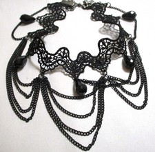 GOTHIC BLACK LACE VICTORIAN REVIVAL CHOKER NECKLACE,DRAPED CHAINS,TEARDROPS