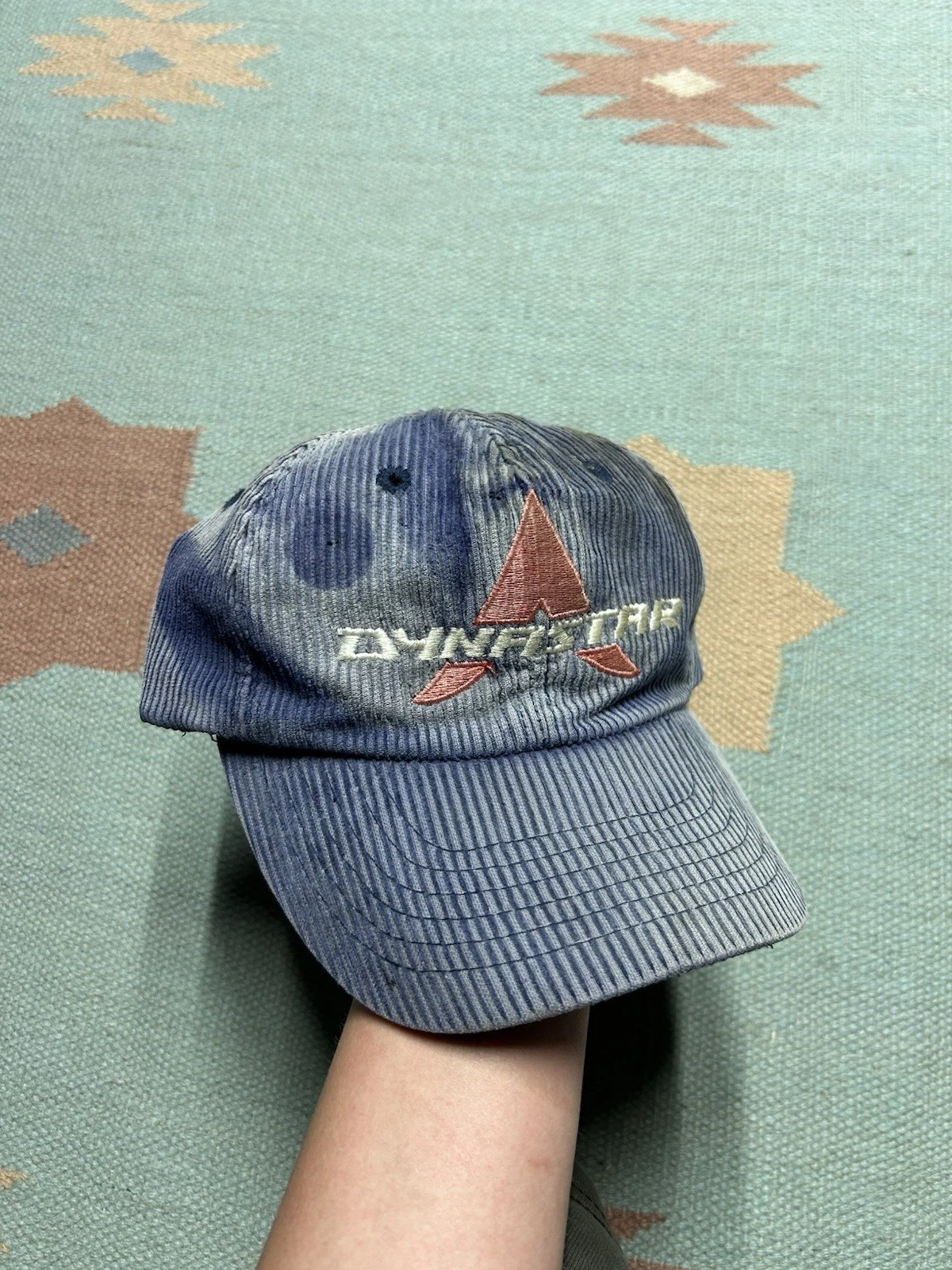 Vintage SnapBack hat corduroy cap Dynastar ski distressed thrash sun faded blue