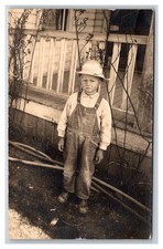 RPPC little boy in overalls on porch of historic home in Ogden, Utah. So cute!