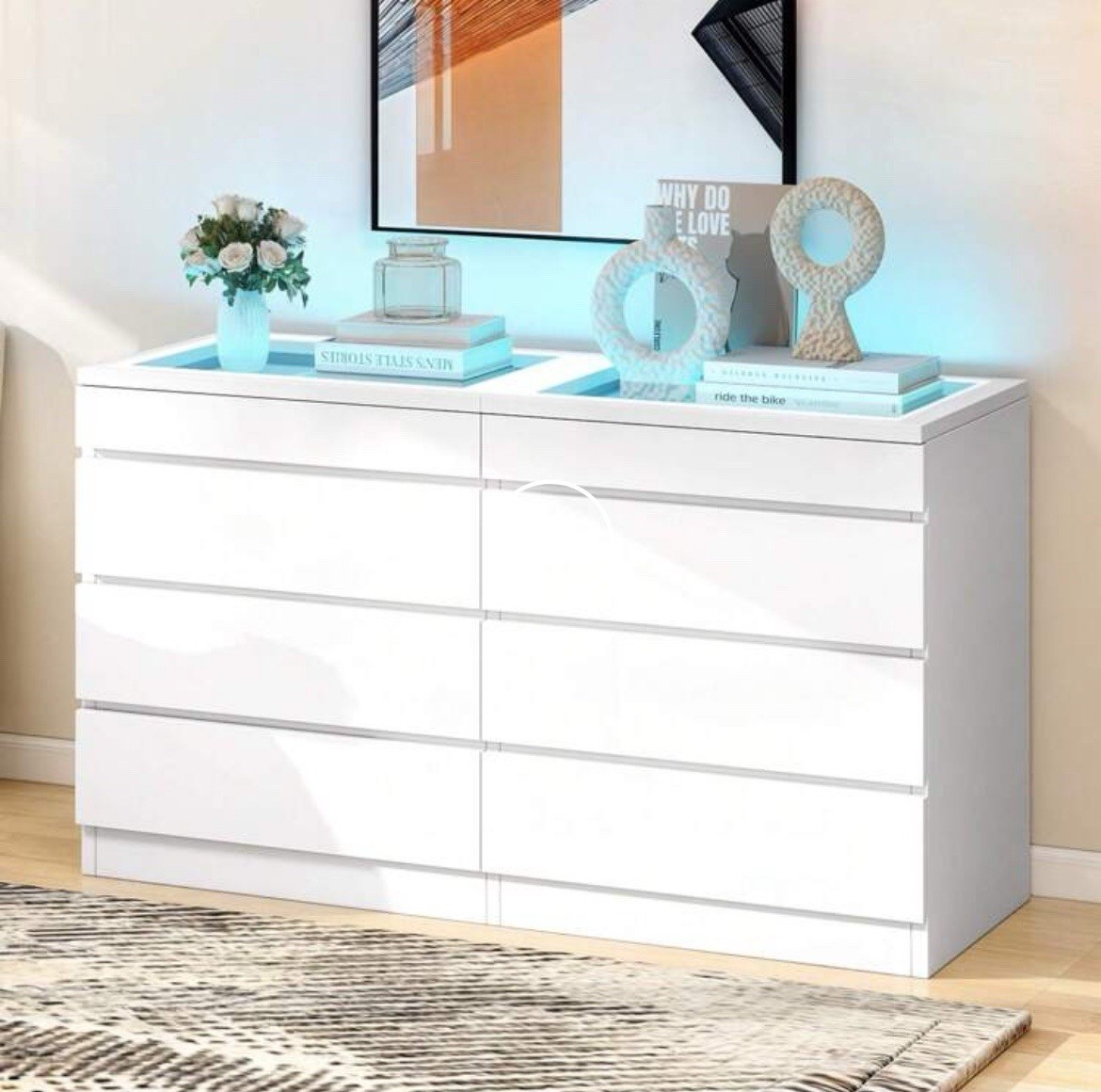 White 8 Drawers LED Chest of Dresser Bedroom High Gloss Storage Vanity Cabinet