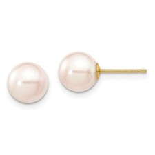 14k Yellow Gold 7-8mm White Round Akoya Cultured Pearl Stud Post Earrings