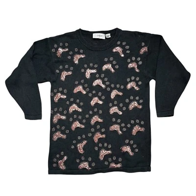 Vintage 80's Pullover Perlen Pailletten Schwarz Größe L Verziert Glam Retro - Bild 1 von 3