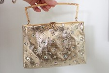 Vintage 60's Delill Gold Evening Bag Purse W/ AB Rhinestones Handle  Clasp