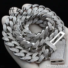 24"MEN 14K WHITE GOLD PLATED 12MM ICY BLING CZ MIAMI CUBAN CHAIN NECKLACE*ABN4
