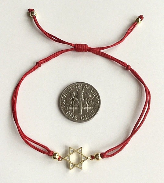 Alternate view of 925 Solid Sterling Silver Gold Plated Star David Bracelet Red Cord- B96