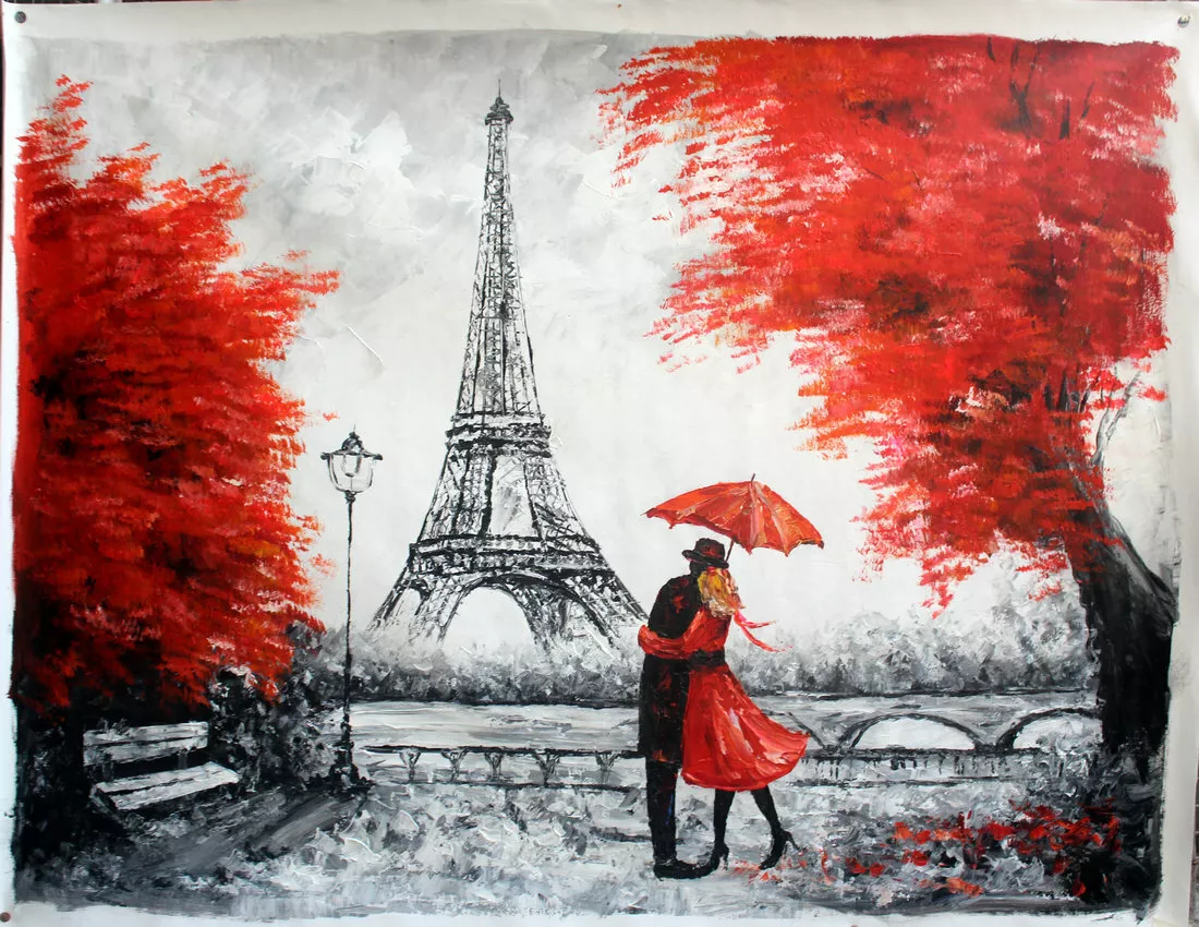 Paris Oil Painting Repro Eiffel Tower Red Umbrella Canvas Modern Decor Wall Art