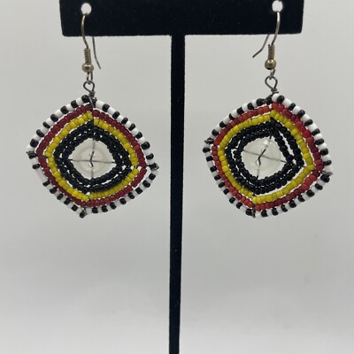 VTG Boho/Retro Native Ethnic Multi Color Seed Bead Button Dangle Drop Earrings