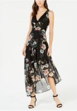INC Dress Black Floral 4 Small Flowing High Low Midi Washable Sleeveless V Neck
