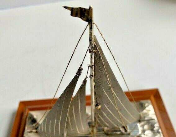 Japanese 950 Sterling Silver Miniature Yacht With Glass Case