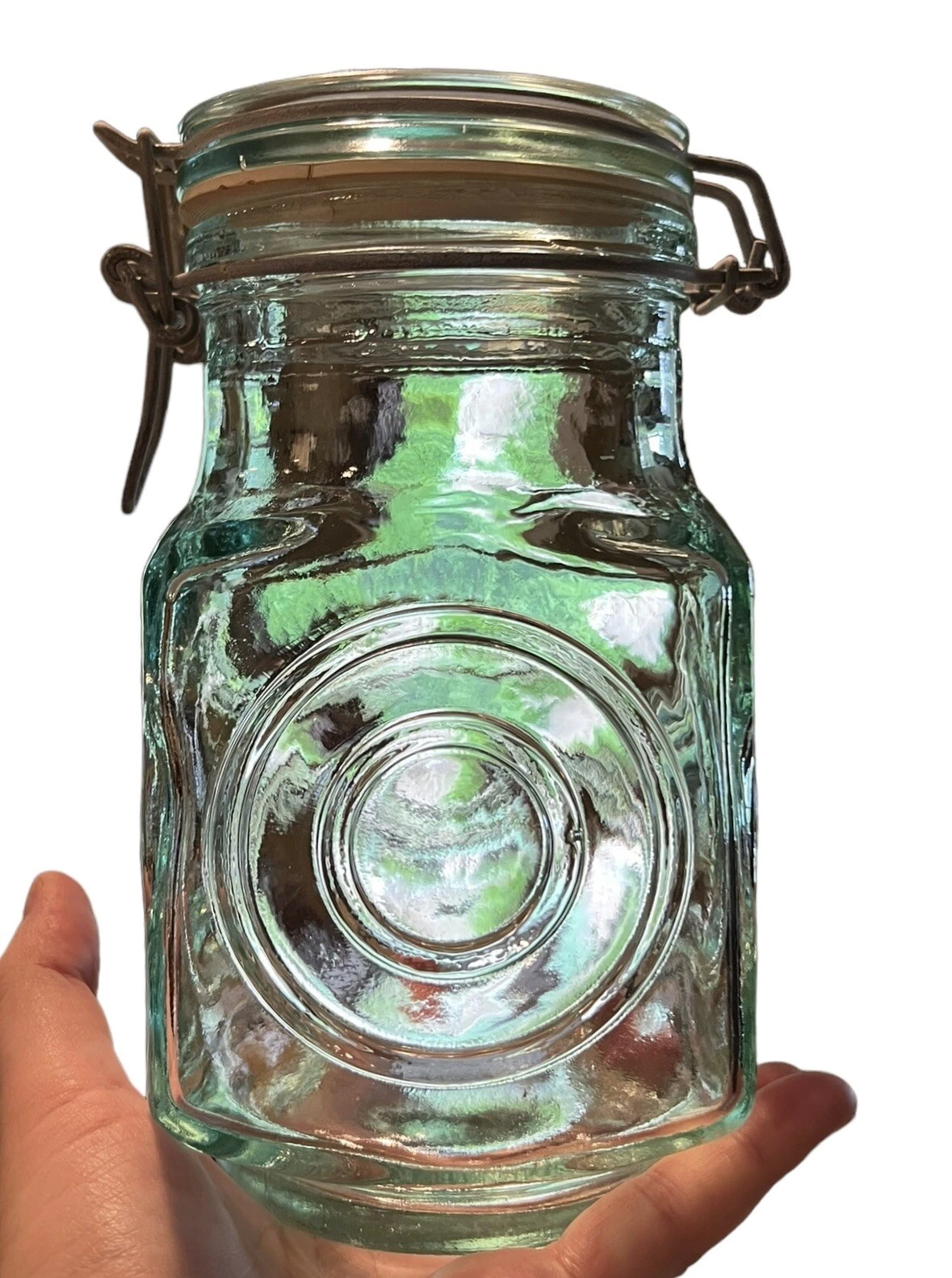 Vintage Hermetic Glass Green Tint Storage Jar Bail Lid Lantern Italy