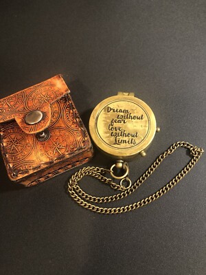 Hanzla Collection Antique Brass Compass with Storage Case and Chain