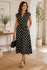 Anne Klein Polka Dot Midi Dress Black White Fit Flare Career Office Size 10