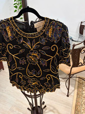 Papell Boutique Women s Black/Gold Chiffon Beaded Sequin Floral Blouse Top M