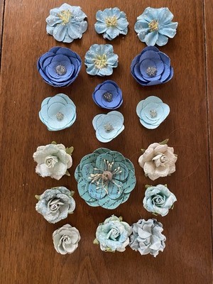 Handmade Paper Flower Embellishments Blue White Green Scrapbooking Lot