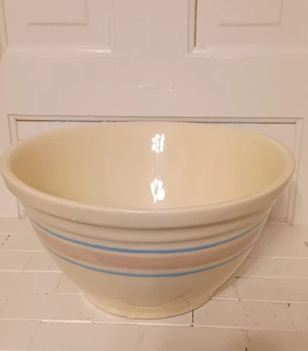 Vintage Large McCoy Pottery #12 Mixing Bowl Pink &Blue Striped USA