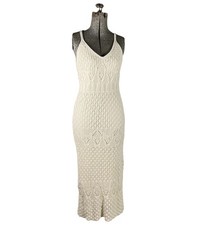 Crochet Tank V-neck Maxi Dress Ivory Body Con Womens L Boho Festival Cottagecore