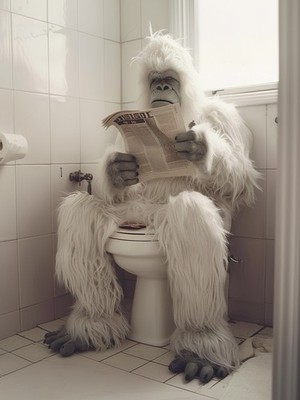 Yeti Reading Newspaper on Toilet - Funny Cryptid Bathroom Humor Poster Artwork A