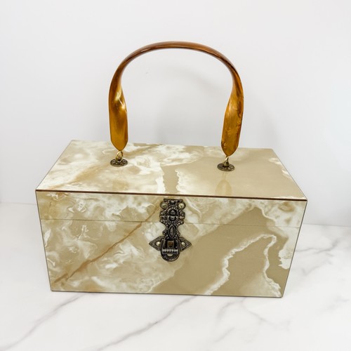 Vtg 1950s/1960s Lucite Box Purse White Pearlized Marble Swirl Pattern w Mirror