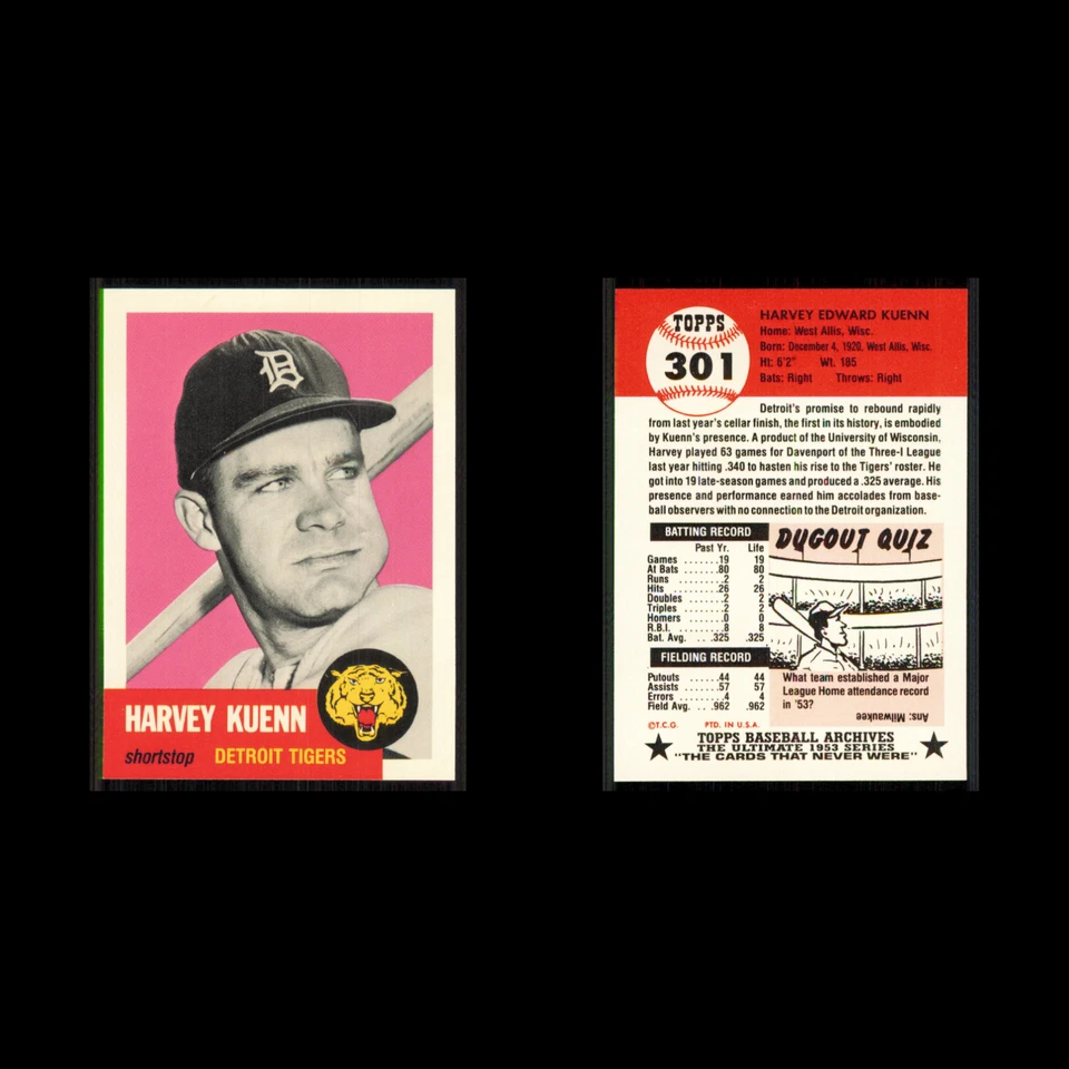 Harvey Kuenn #301 1991 Topps Archives 1953 Detroit Tigers Baseball Card MLB NM - Image 3 of 3
