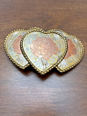 Belt Buckle W U.S.A. Triple Heart Cast Metal with Pink Roses Vtg 4.25 Inch Long