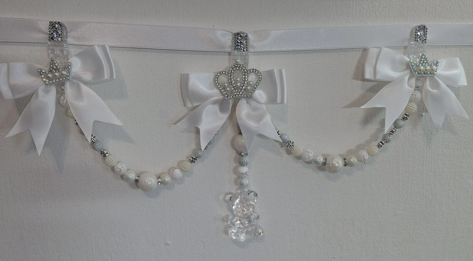 3 Tier/triple White Unisex Pram Charm With Crown Embellis With Clear Teddy