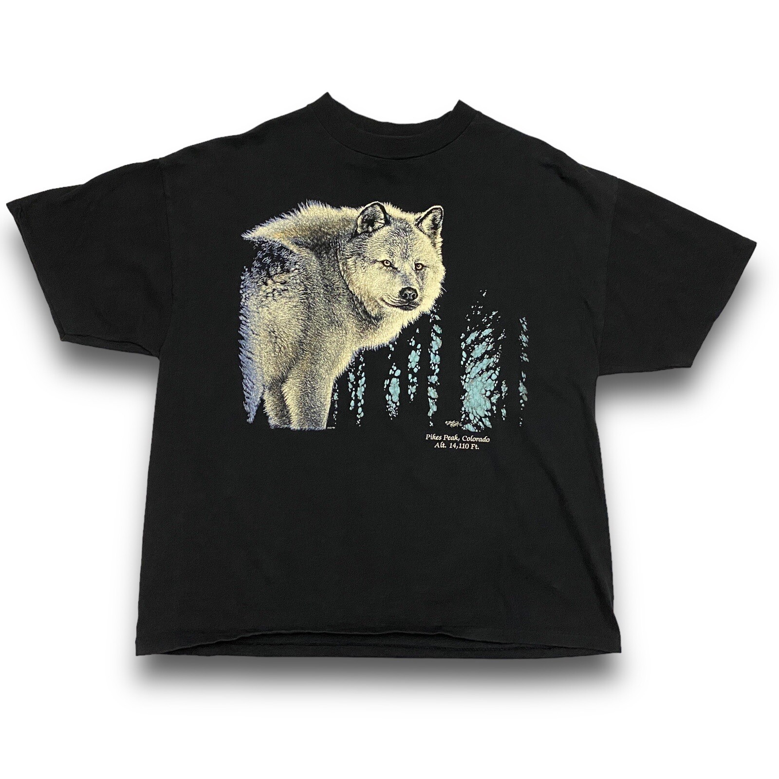 VTG 90s Harlequin Colorado Wolf Forest Graphic Tee Black XL