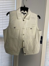 Chaps Womens Button Denim Jean Vest Jacket Sleeveless OFF White L New NWT