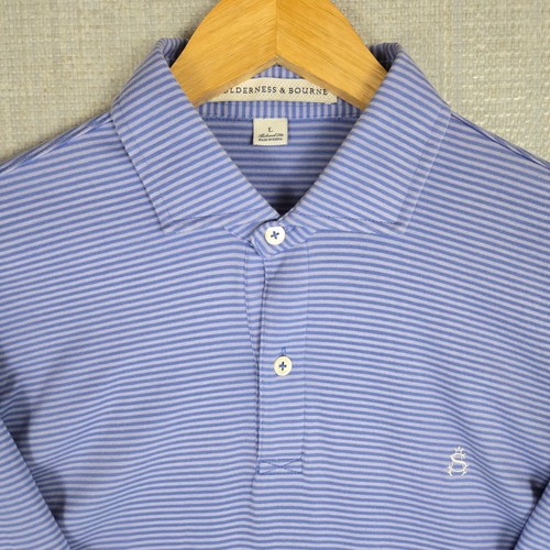 HOLDERNESS BOURNE x SHOREACRES Mens Polo Shirt Sz Large Lilac Blue Stripe Golf