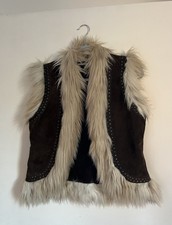 Real Suede Gilet Vest With Faux Fur Detail, Vintage Studded Jacket In Brown.