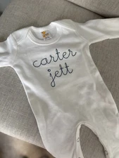 NEW Personalized White & Blue Baby Embroidered One Piece 0-3M "Carter Jett"