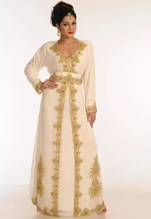 OFF WHITE Abito da sposa fantasia festa marocchino georgette Dubai bianco sporco abito abaya