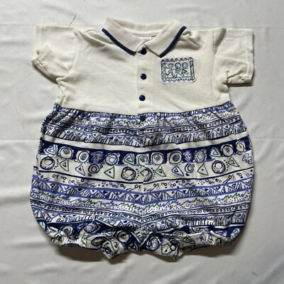Vintage 90s One Piece Top Baby Size 6/9 Months White Blue Button Aztec Art Polo
