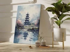 Serene Pagoda Reflections Wall Art Canvas Unframed Print Art