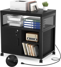 Modern Locking Lateral File Cabinet with USB Ports  Rolling Printer Stand