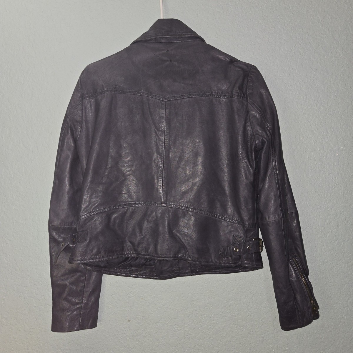 Massimo Dutti Leather Asymmetrical Zip Moto Biker Jacket Black