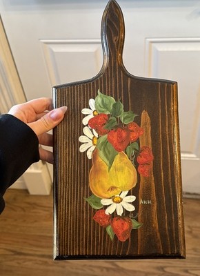 Vintage 1970 s Hand Painted Wooden Cutting Board  Wall Decor Design Signed