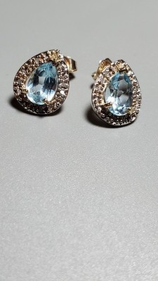 2.19 CTW BABY SWISS BLUE TOPAZ & GENUINE DIAMOND 10KT SOLID Y GOLD EARRINGS STUD