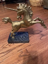 Brass Unicorn Statue Vintage Solid Heavy On Gray Marble Base 4.5"W X 12"D X12"H