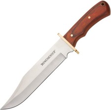 New Winchester Satin Fixed Blade 13.75" Bowie Knife WBrown Wood Handles Sheath