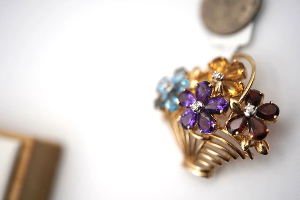 COLGANTE/ALFILER MULTI PIEDRAS ORO AMARILLO 14 QUILATES DIAMANTE ZAFIRO CITRINO AMATISTA Foto 3 de 4