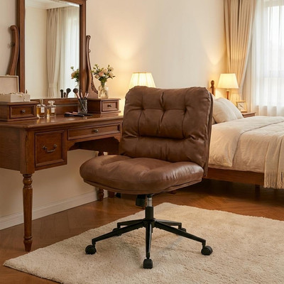 Ergonomic Armless Swivel Office Chair with Wheels, PU Leather, Brown