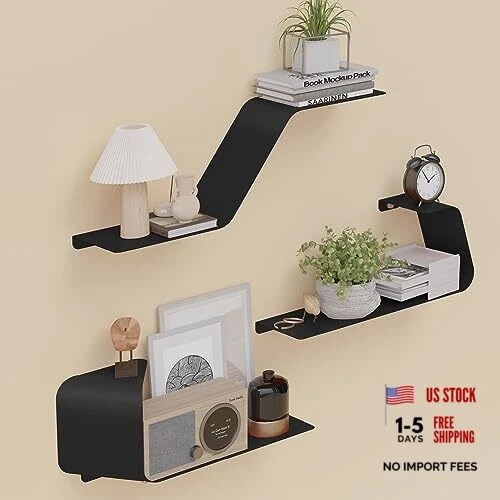 Sttoraboks Floating Shelves, Set of 3 Wall Mounted Metal Shelves with Black