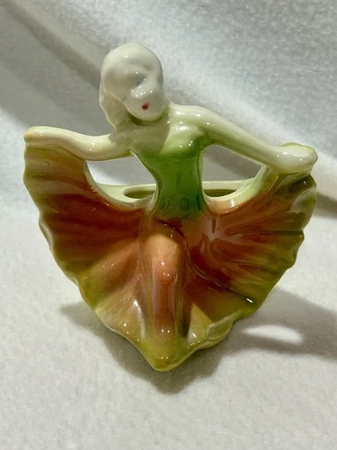 Shawnee Pottery Art Deco Dancing Lady Green Orange Planter Figurine