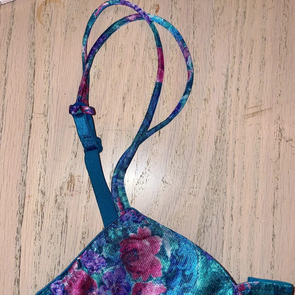 Sujetador De Colección Delicado Con Aros Talla 36B Azul Teal Floral Rosa Sin Forro Doble Correa Foto 2 de 4